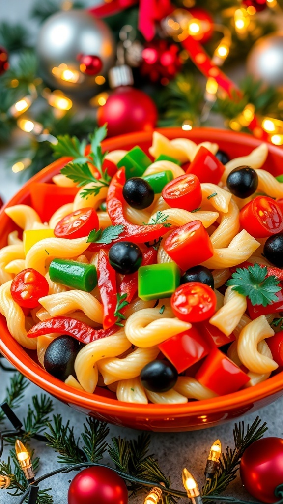 80s Christmas Aesthetic Recipe A colorful pasta salad with bell peppers, tomatoes, olives, and cheese, presented in a festive bowl with holiday decorations.